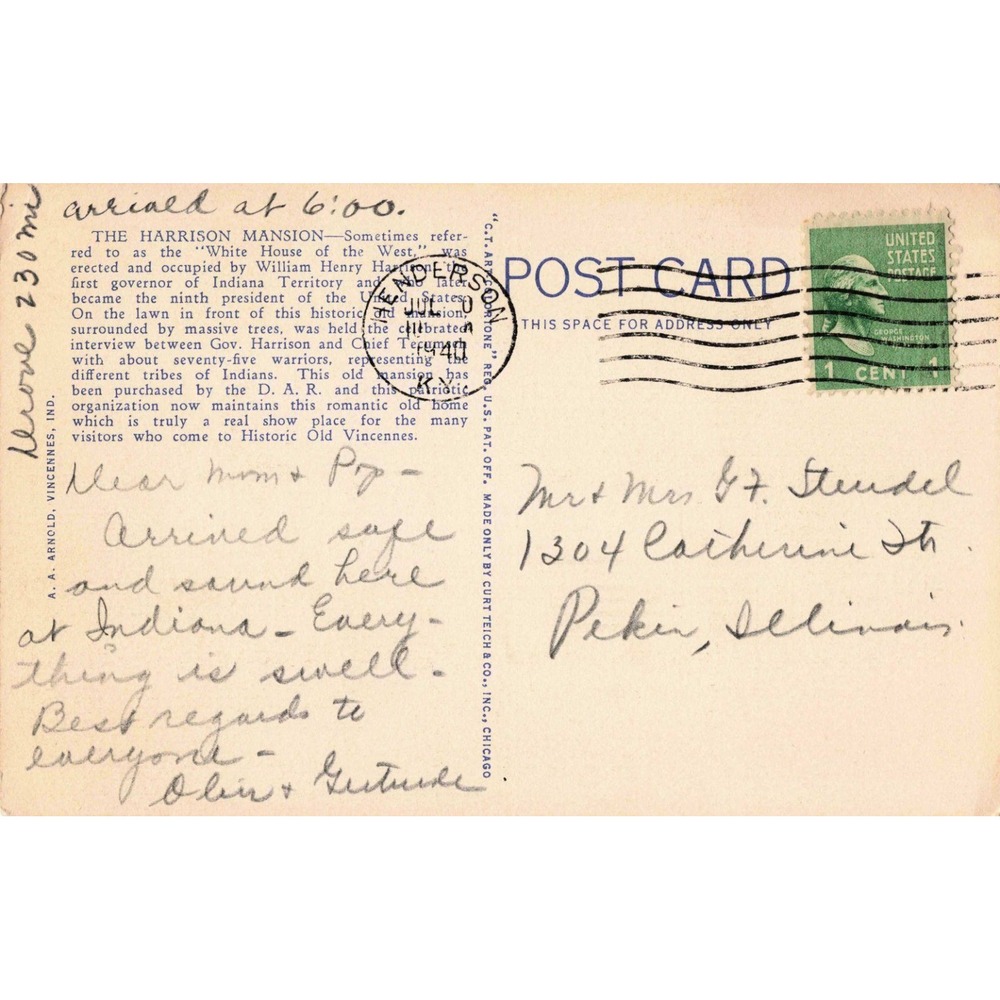 Grouseland Vincennes Indiana IN Harrison House 1936 Linen Postcard Curt Teich - Picture 2 of 2